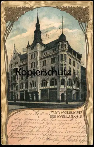 ALTE JUGENDSTIL POSTKARTE KARLSRUHE ZUM MONINGER GASTSTÄTTE RESTAURANT Jugendstilkarte cpa postcard AK Ansichtskarte