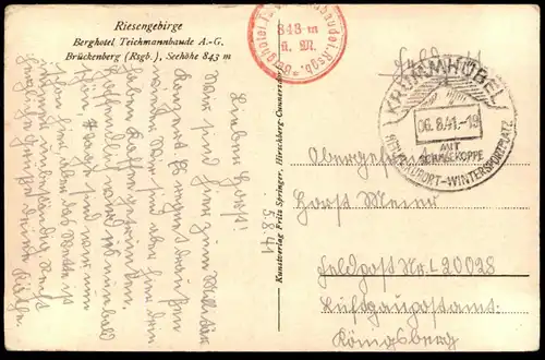 ALTE POSTKARTE BERGHOTEL TEICHMANNBAUDE 1941 BRÜCKENBERG RIESENGEBIRGE KARPACZ Karkonosze Krkonose Ansichtskarte cpa