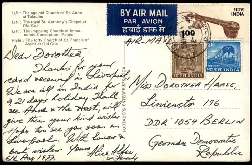 ÄLTERE POSTKARTE CHURCHES OF GOA INDIA TALAULIM PANJIM Indien church Kirchen Kirche église cpa AK postcard Ansichtskarte