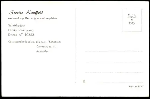 ÄLTERE POSTKARTE GREETJE KAUFFELD ORIGINAL UNTERSCHRIFT SÄNGERIN MUSIKERIN SCHLAGERSÄNGERIN DECCA Autogramm postcard cpa