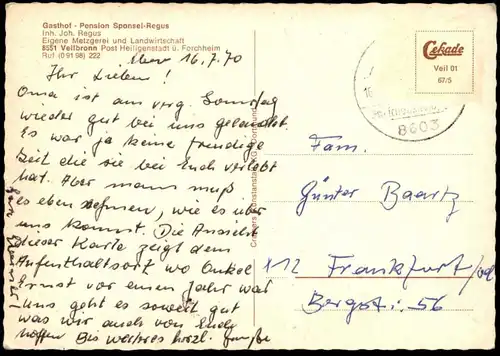ÄLTERE POSTKARTE VEILBRONN FRÄNKISCHE SCHWEIZ GASTHOF SPONSEL REGUS EIGENE METZGEREI Heiligenstadt Ansichtskarte AK