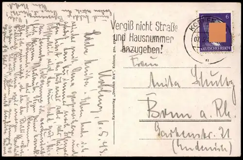 ALTE POSTKARTE KOBLENZ 1943 DEUTSCHES ECK MIT ALTER FRANZISKANER GASTSTÄTTE AM GÖBENPLATZ Ansichtskarte cpa postcard AK