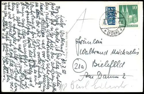 ÄLTERE POSTKARTE GRUSS AUS NORDSEEBAD WYK AUF FÖHR 1950 NIEBLUM TRACHT STRAND Insel Ansichtskarte AK cpa postcard