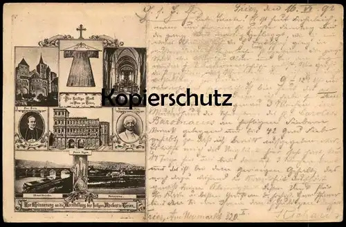ALTE VORLÄUFER POSTKARTE TRIER 1892 ERINNERUNG AN DIE AUSSTELLUNG HEILIGER ROCK LEO XIII. KORUM postcard Ansichtskarte