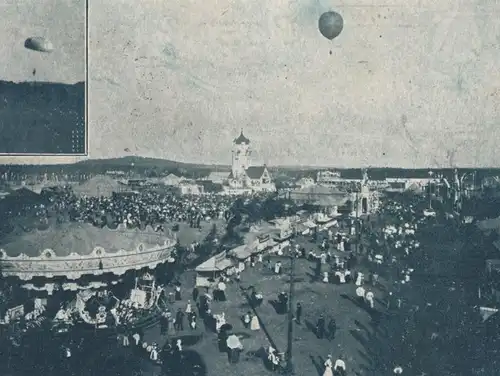 ALTE POSTKARTE NÜRNBERGER VOLKSFEST 1904 MOMENTAUFNAHME MIT BALLONAUFSTIEG UND FALLSCHIRMABSTURZ NÜRNBERG GANZSACHE AK