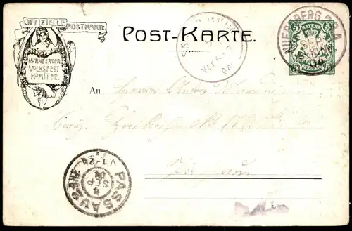 ALTE POSTKARTE NÜRNBERGER VOLKSFEST 1904 MOMENTAUFNAHME MIT BALLONAUFSTIEG UND FALLSCHIRMABSTURZ NÜRNBERG GANZSACHE AK