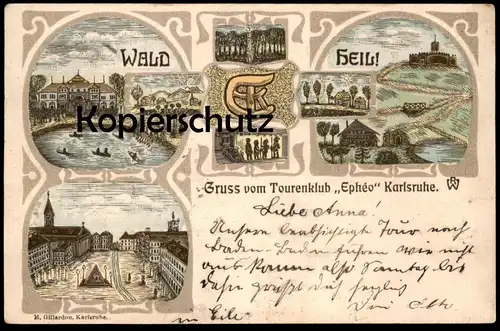 ALTE LITHO POSTKARTE GRUSS VOM TOURENKLUB EPHÉO KARLSRUHE WALD HEIL VERLAG M. GILLARDON cpa AK postcard Ansichtskarte