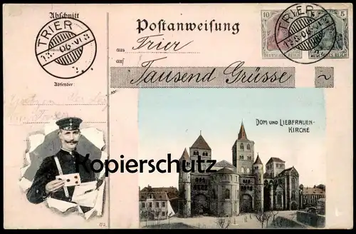 ALTE POSTKARTE TRIER TAUSEND GRÜSSE POSTANWEISUNG BRIEFTRÄGER 1906 postman facteur Stempel Reservelazarett Trier cpa AK