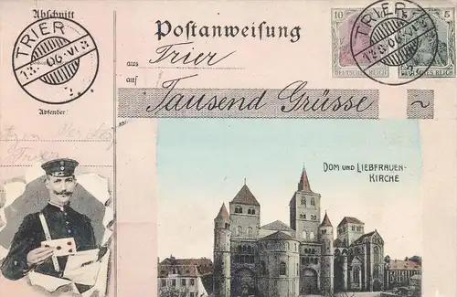 ALTE POSTKARTE TRIER TAUSEND GRÜSSE POSTANWEISUNG BRIEFTRÄGER 1906 postman facteur Stempel Reservelazarett Trier cpa AK