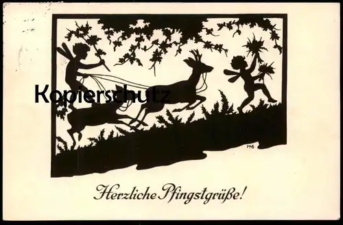 ALTE KÜNSTLER POSTKARTE HERZLICHE PFINGSTGRÜSSE! MARIE M. BEHRENS SCHERENSCHNITT ELFEN REHE ELFE REH OPPEL HESS JENA AK