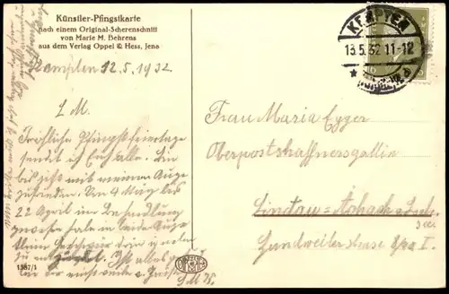 ALTE KÜNSTLER POSTKARTE HERZLICHE PFINGSTGRÜSSE! MARIE M. BEHRENS SCHERENSCHNITT ELFEN REHE ELFE REH OPPEL HESS JENA AK