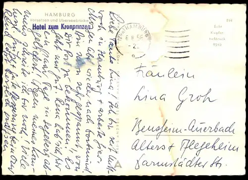 ÄLTERE POSTKARTE HAMBURG HAMBURGER HAFEN VORSETZEN UND ÜBERSEEBRÜCKE HOTEL ZUM KRONPRINZ Schiff harbour Dampfer ship