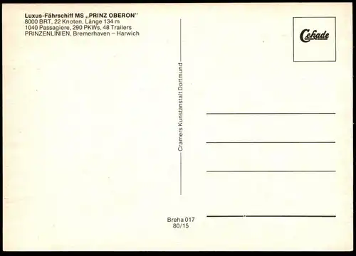 ÄLTERE POSTKARTE MS PRINZ OBERON LUXUS-FÄHRE M/S SCHIFF BREMERHAVEN HARWICH ferry ship bateau postcard cpa Ansichtskarte