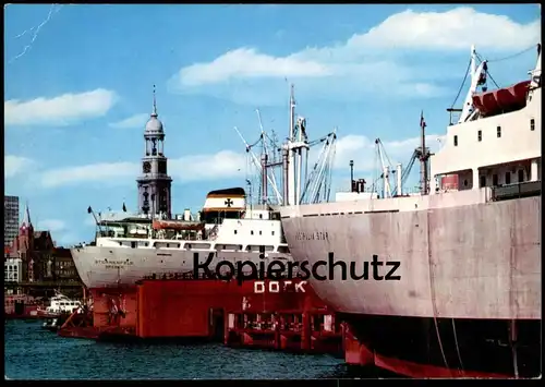 ÄLTERE POSTKARTE HAMBURG HAFEN MIT ST. MICHAELISKIRCHE FRACHTSCHIFF STERNENFELS BREMEN & AUSTRALIA STAR cargo ship cpa