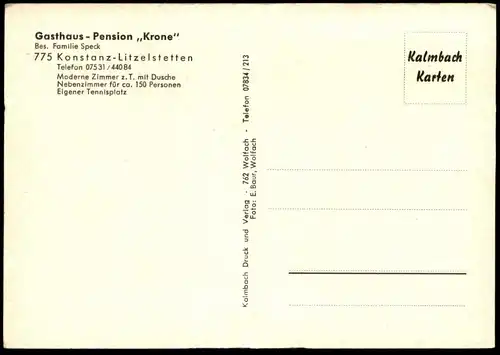 ÄLTERE POSTKARTE KONSTANZ LITZELSTETTEN GASTHAUS PENSION KRONE FAMILIE SPECK MODERNE ZIMMER VW BUS VOLKSWAGEN GRÜN