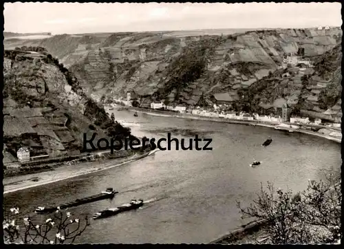 ALTE POSTKARTE BLICK VON DER LORELEY AUF ST. GOARSHAUSEN MIT BURG KATZ FRACHTSCHIFF RHEIN cargo ship St. Goar postcard