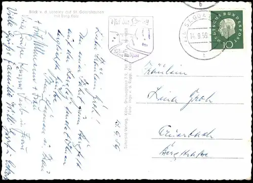 ALTE POSTKARTE BLICK VON DER LORELEY AUF ST. GOARSHAUSEN MIT BURG KATZ FRACHTSCHIFF RHEIN cargo ship St. Goar postcard