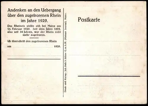 ALTE POSTKARTE MAINZ WINTER EIS ÜBERGANG ZUGEFRORENER RHEIN 1929 Rheineis Schnee hiver ice frozen surface glace postcard