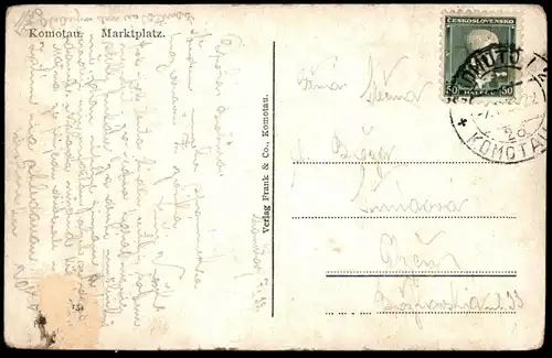 ALTE POSTKARTE KOMOTAU MARKTPLATZ FRANZ WATZELT JOSEF KONIRSCH Chomutov Bus Busse Omnibus Böhmen Ansichtskarte postcard
