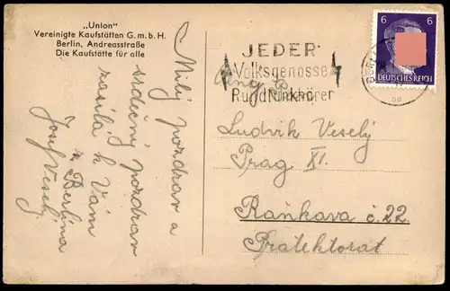 ALTE POSTKARTE BERLIN ANDREASSTRASSE UNION VEREINIGTE KAUFSTÄTTEN GMBH 1943 Kaufhaus Ansichtskarte AK cpa postcard