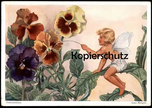 ALTE POSTKARTE NECKTEUFELCHEN ELFE BEI STIEFMÜTTERCHEN BLUMEN ANNA MARGRET pansy flower elf Ansichtskarte postcard cpa