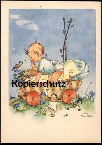 ALTE POSTKARTE KIND KINDERWAGEN VOGEL GEBURT BABY EREIGNIS BIRTH PUPPE SIGN. ILSE NORDHAUS enfants children postcard cpa