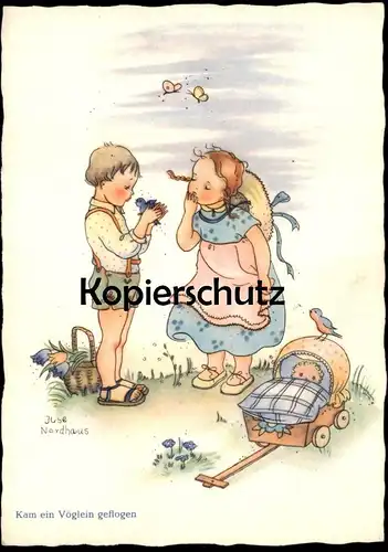 ALTE POSTKARTE MÄDCHEN JUNGE KAM EIN VÖGLEIN GEFLOGEN VOGEL KINDER KIND PUPPE SIGN. ILSE NORDHAUS enfant child postcard
