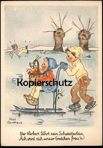 ALTE POSTKARTE KINDER EISLAUFEN SCHLITTSCHUH WEIHNACHTEN MISTELZWEIG SIGN. ILSE NORDHAUS SCHNEE ice skating Schwester AK