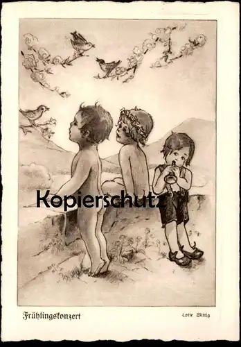 ALTE POSTKARTE FRÜHLINGSKONZERT KINDER KIND FLÖTE VOGEL LOTTE WITTIG child bird flute enfant Ansichtskarte postcard cpa