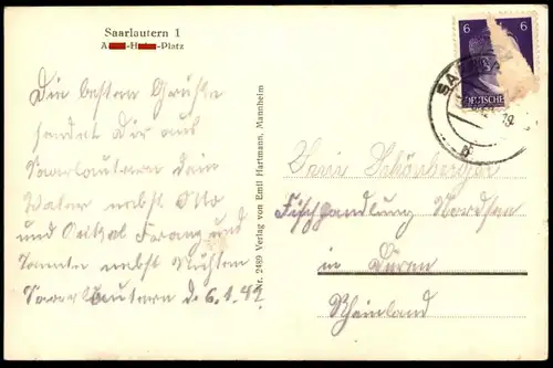 ALTE POSTKARTE SAARLAUTERN 1942 A-H-PLATZ STRASSENBAHN SAARGEBIET SAAR cpa postcard AK Ansichtskarte