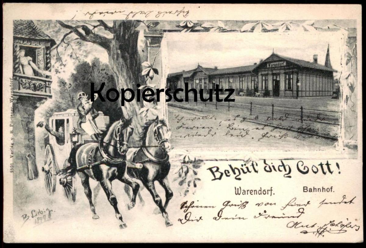 ALTE POSTKARTE WARENDORF BAHNHOF POSTKUTSCHE BEHÜT' DICH GOTT B. LIEBIG ...