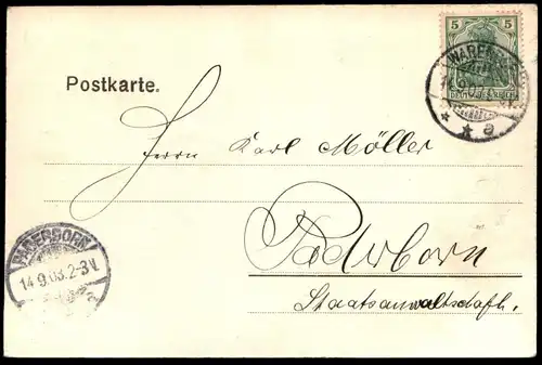 ALTE POSTKARTE WARENDORF BAHNHOF POSTKUTSCHE BEHÜT' DICH GOTT B. LIEBIG 1897 AK Ansichtskarte cpa postcard