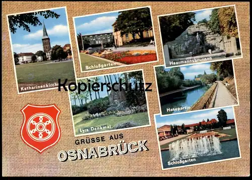 ÄLTERE POSTKARTE GRÜSSE AUS OSNABRÜCK LYRA DENKMAL KATHARINENKIRCHE SCHLOSSGARTEN HASEPARTIE Ansichtskarte cpa postcard