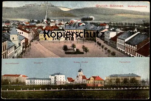 ALTE POSTKARTE GRULICH NONNENKLOSTER DRUCKEREI EVANG. KIRCHE FACHSCHULE KRALIKY NORDBÖHMEN Böhmen AK postcard cpa