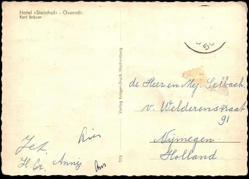 ÄLTERE POSTKARTE OVERATH  HOTEL STEINHOF KARL BRÄUER GERMANIA PILS GASTRAUM EDELBITTER Ansichtskarte AK cpa postcard