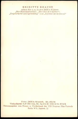ALTE POSTKARTE BRIGITTE KRAUSE FILM-SCHAUSPIELERIN DEFA FILME DIE BUNTKARIERTEN DER RAT DER GÖTTER actress acteur Foto
