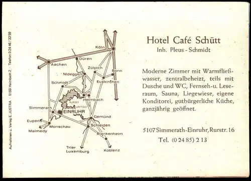 ÄLTERE POSTKARTE EINRUHR HOTEL SCHÜTT INHABER PLEUS-SCHMIDT SIMMERATH EIFEL GAFFEL KÖLSCH AK Ansichtskarte cpa postcard