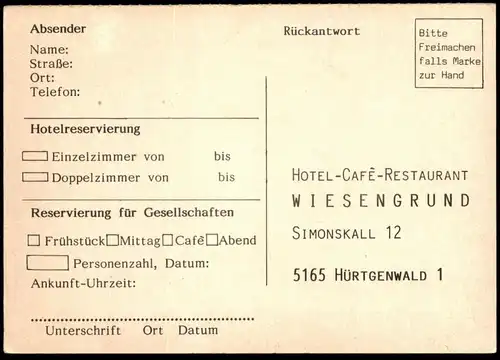 ÄLTERE POSTKARTE HÜRTGENWALD SIMONSKALL HOTEL WIESENGRUND Rückantwort Reservierung Ansichtskarte AK cpa postcard