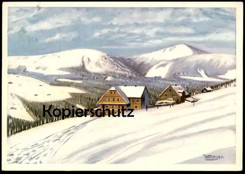 ALTE KÜNSTLER POSTKARTE STUFENSEITE MIT BLICK AUF DIE SCHNEEKOPPE RIESENGEBIRGE WILLI MAYER TRAUTENAU Schlesien