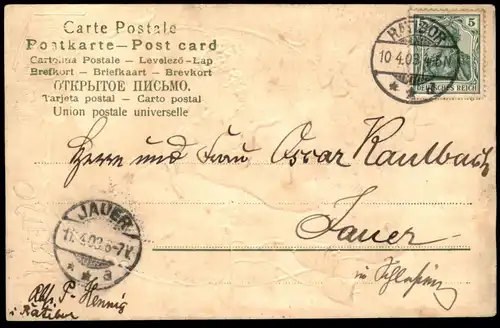 ALTE PRÄGE POSTKARTE FRÖHLICHE OSTERN OSTERHASE MIT KLEEBLATT IM GEÄSE HASENBART easter paques postcard Ansichtskarte