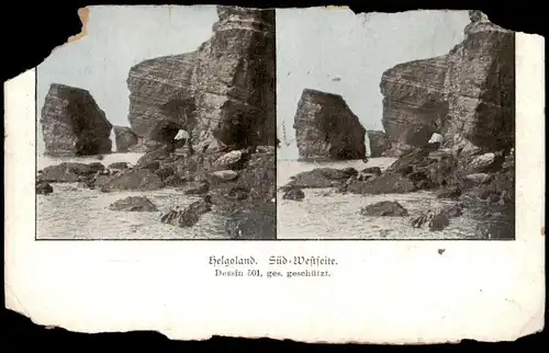 ALTE STEREOSKOPIE POSTKARTE HELGOLAND SÜD-WESTSEITE rückseitiger Aufdruck "Zum Aufkleben der Freimarke" Ansichtskarte