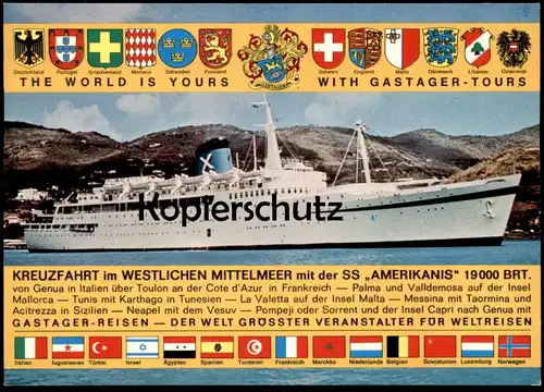 ÄLTERE POSTKARTE SS AMERIKANIS KREUZFAHRT IM WESTLICHEN MITTELMEER GASTAGER TOURS flag Schiff ship postcard cpa AK