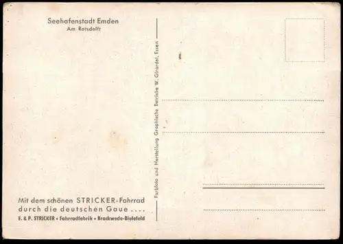 ALTE POSTKARTE EMDEN AM RATSDELFT MIT DEM STRICKER FAHRRAD DURCH DIE DEUTSCHEN GAUE BRACKWEDE BIELEFELD postcard cpa AK