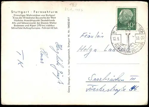ÄLTERE POSTKARTE STUTTGART FERNSEHTURM ZWEI VW KÄFER & BUSSE BUS  AK Ansichtskarte cpa postcard