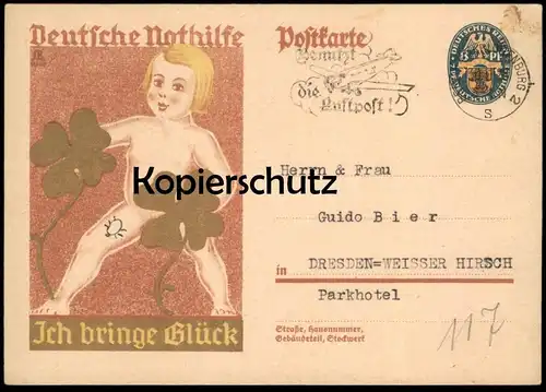 ÄLTERE POSTKARTE DEUTSCHE NOTHILFE GANZSACHE 1928 ICH BRINGE GLÜCK KLEEBLATT KIND shamrock Ansichtskarte AK postcard cpa