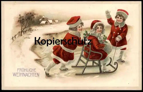ALTE PRÄGE POSTKARTE FROHE WEIHNACHTEN MÄDCHEN ROTER MANTEL SCHLITTEN MÜTZE NIKOLAUS KOSTÜM Weihnachten christmas cpa AK