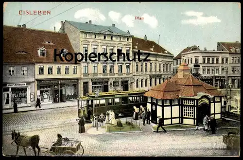 ALTE POSTKARTE EISLEBEN PLAN STRASSENBAHN PFERDEFUHRWERK GESCHÄFTE CARL HEINROTH HERMANN ZWARG CARL WIESE Ansichtskarte