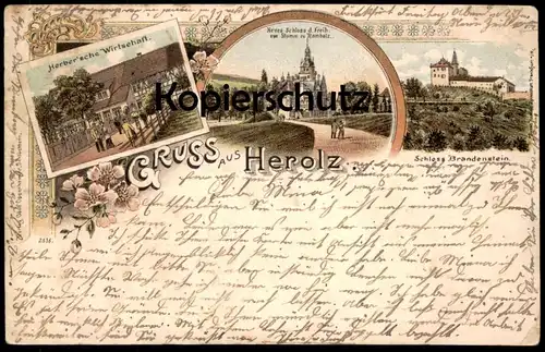 ALTE LITHO POSTKARTE GRUSS AUS HEROLZ HERBER'SCHE WIRTSCHAFT NEUES SCHLOSS BRANDENSTEIN SCHLÜCHTERN Ansichtskarte AK