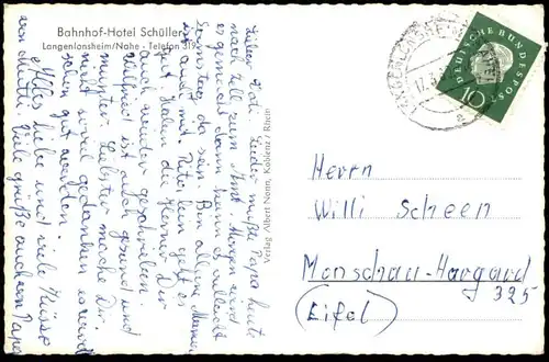 ÄLTERE POSTKARTE LANGENLONSHEIM BAHNHOF HOTEL CAFÉ PENSION SCHÜLLER TRINK COCA-COLA COKE ASTORIA FILMTHEATER Stromberg