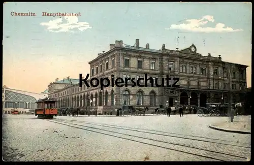 ALTE POSTKARTE CHEMNITZ HAUPTBAHNHOF STRASSENBAHN 1912 tram tramway Bahnhof gare station Ansichtskarte cpa postcard AK